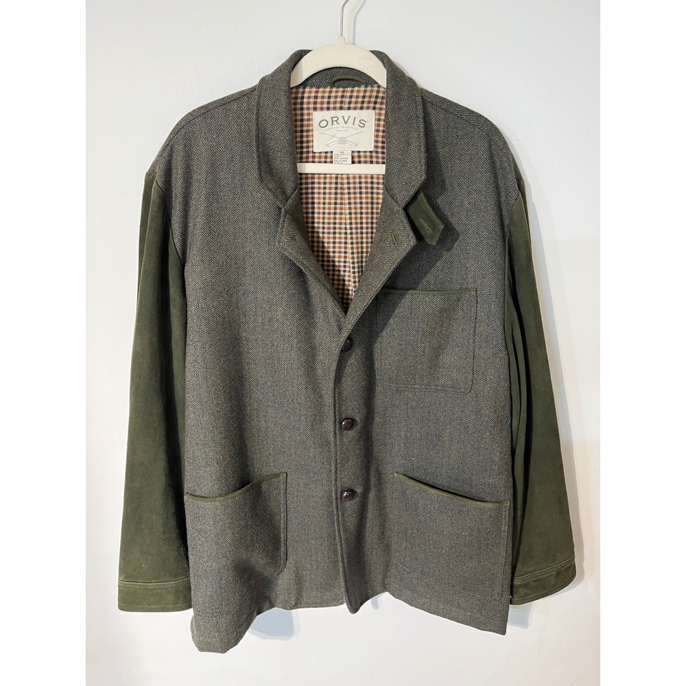 Orvis Mens Wool Herringbone Leather Suede Sleeve Field Jacket Blazer Green 44